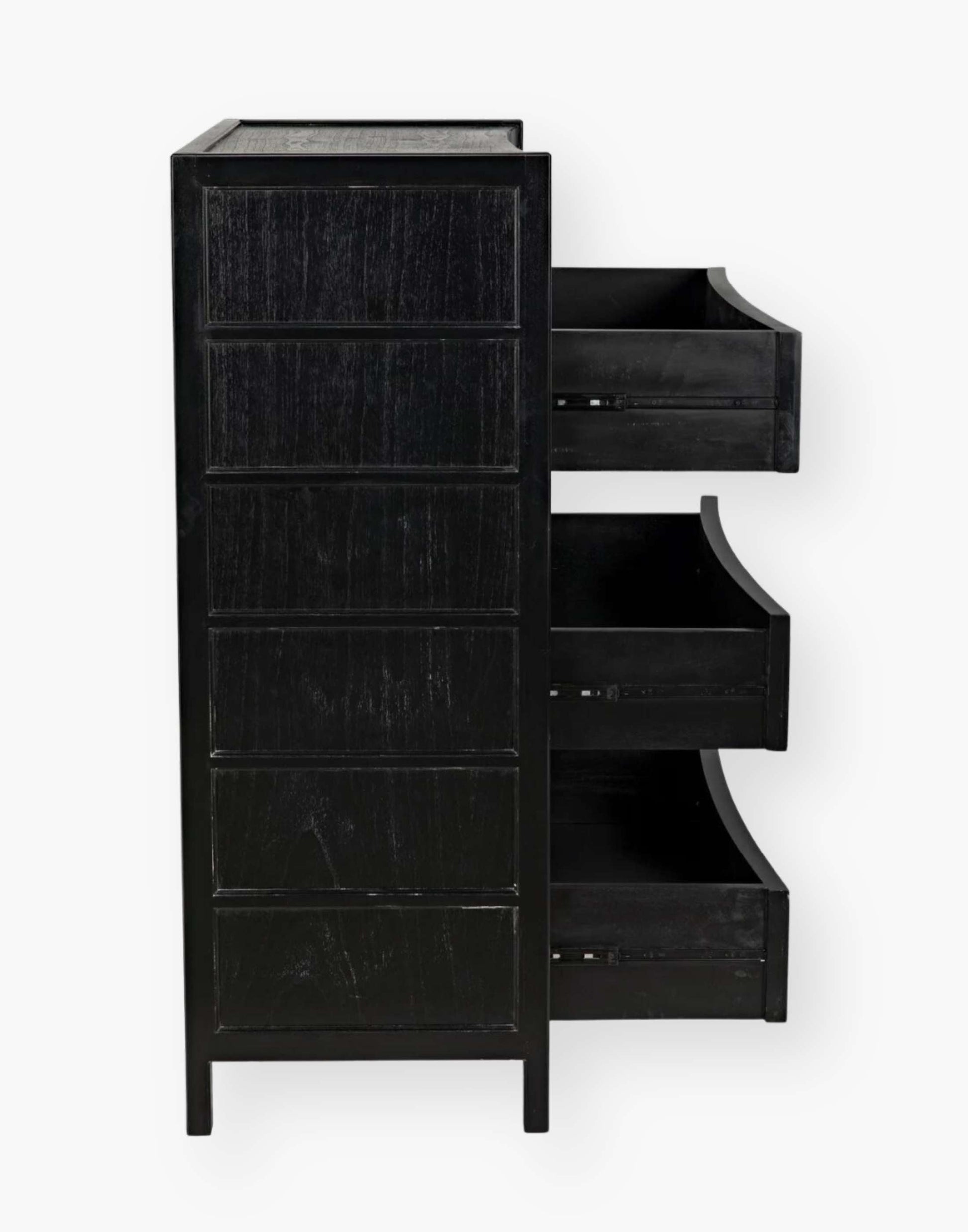 Rustic Black Mahogany Wood 6-Drawer tall boy with each drawer featuring a slight curved detail with two brass pulls per drawer