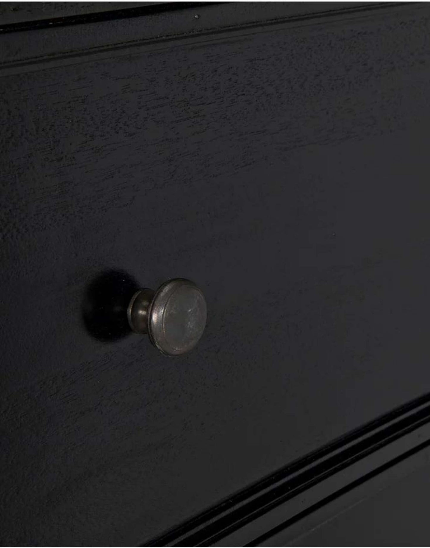 Rustic Black Mahogany Wood 6-Drawer tall boy with each drawer featuring a slight curved detail with two brass pulls per drawer