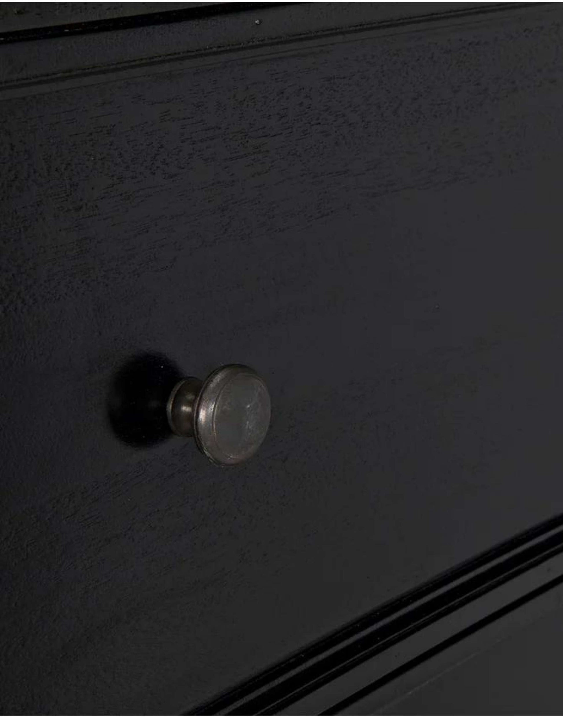 Rustic Black Mahogany Wood 6-Drawer tall boy with each drawer featuring a slight curved detail with two brass pulls per drawer