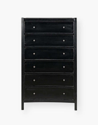 Rustic Black Mahogany Wood 6-Drawer tall boy with each drawer featuring a slight curved detail with two brass pulls per drawer