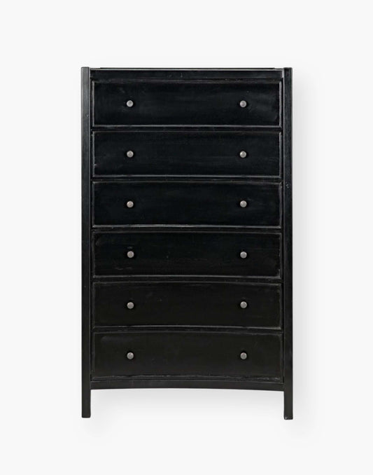 Rustic Black Mahogany Wood 6-Drawer tall boy with each drawer featuring a slight curved detail with two brass pulls per drawer