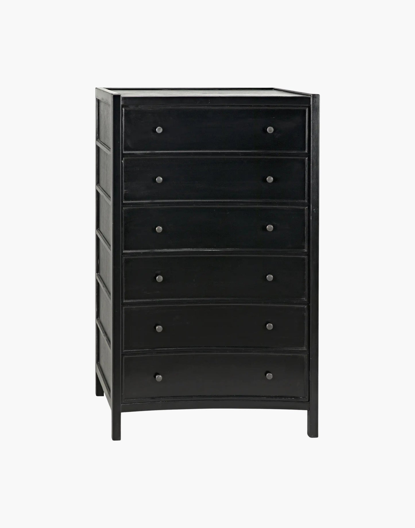 Tall black mahogany dresser with six drawers and brass pulls, clean lined traditional modern design