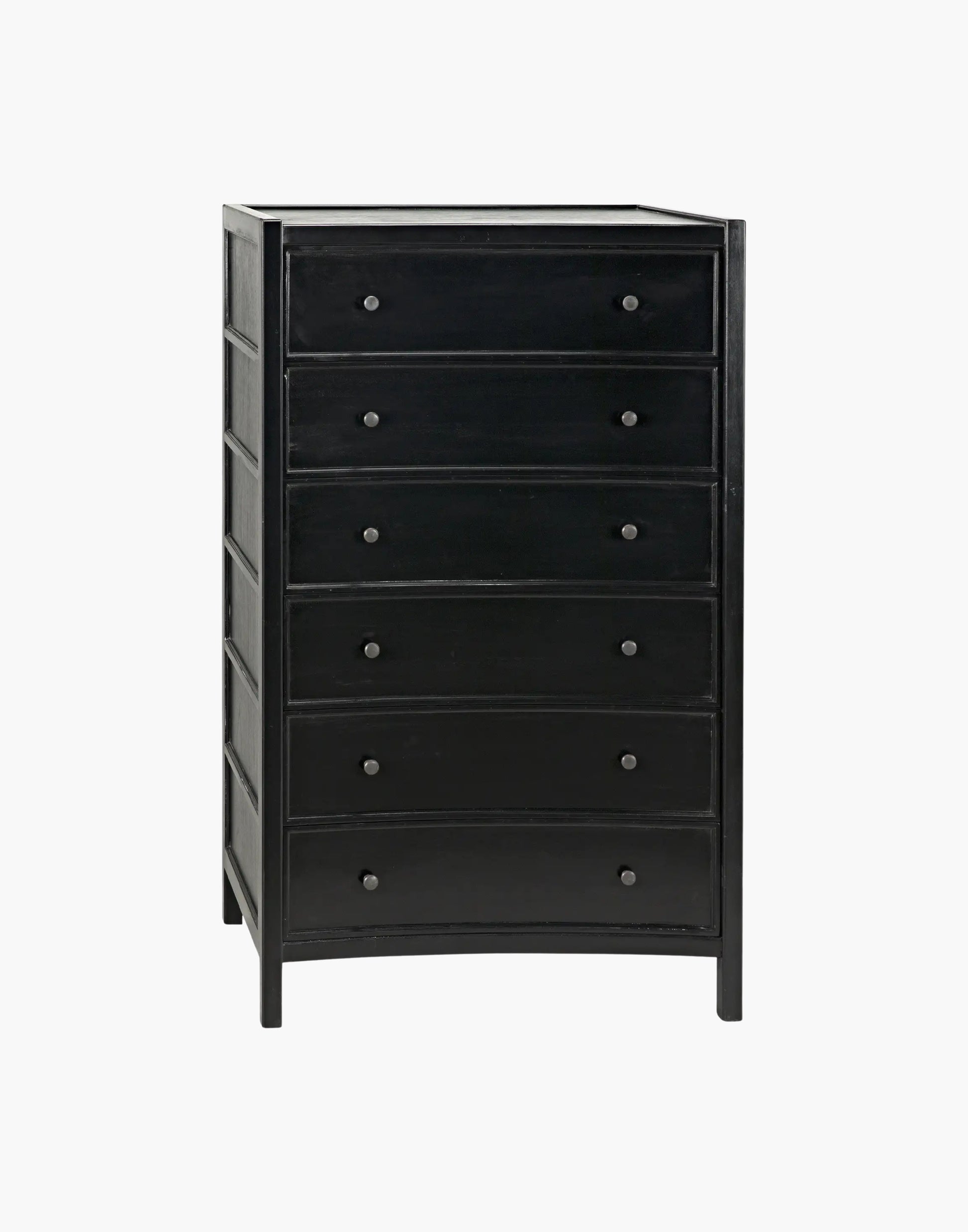 Tall black mahogany dresser with six drawers and brass pulls, clean lined traditional modern design