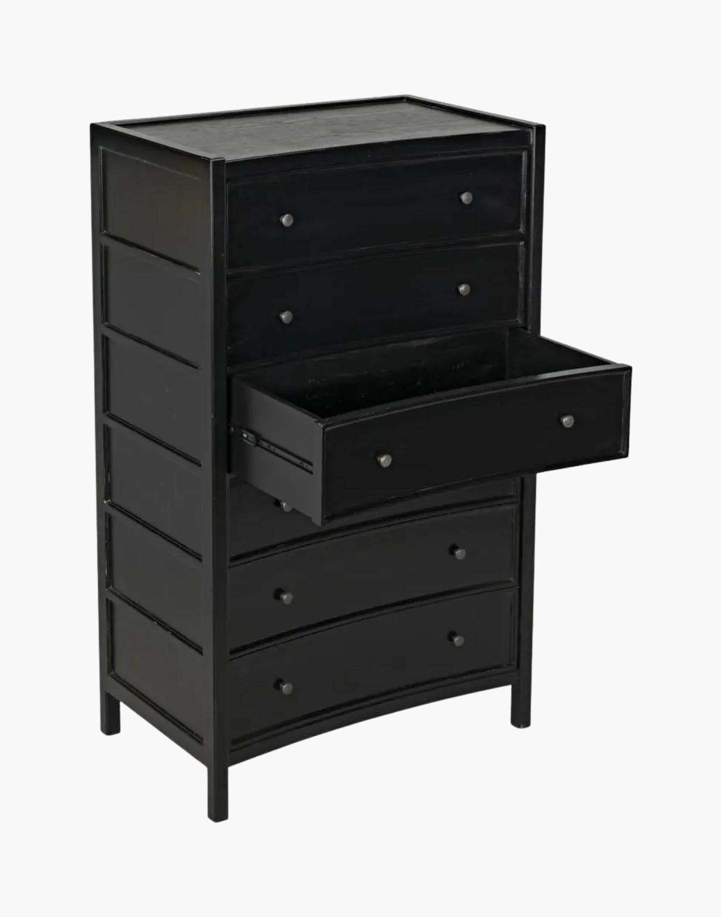 Tall black mahogany dresser with six drawers and brass pulls, clean lined traditional modern design