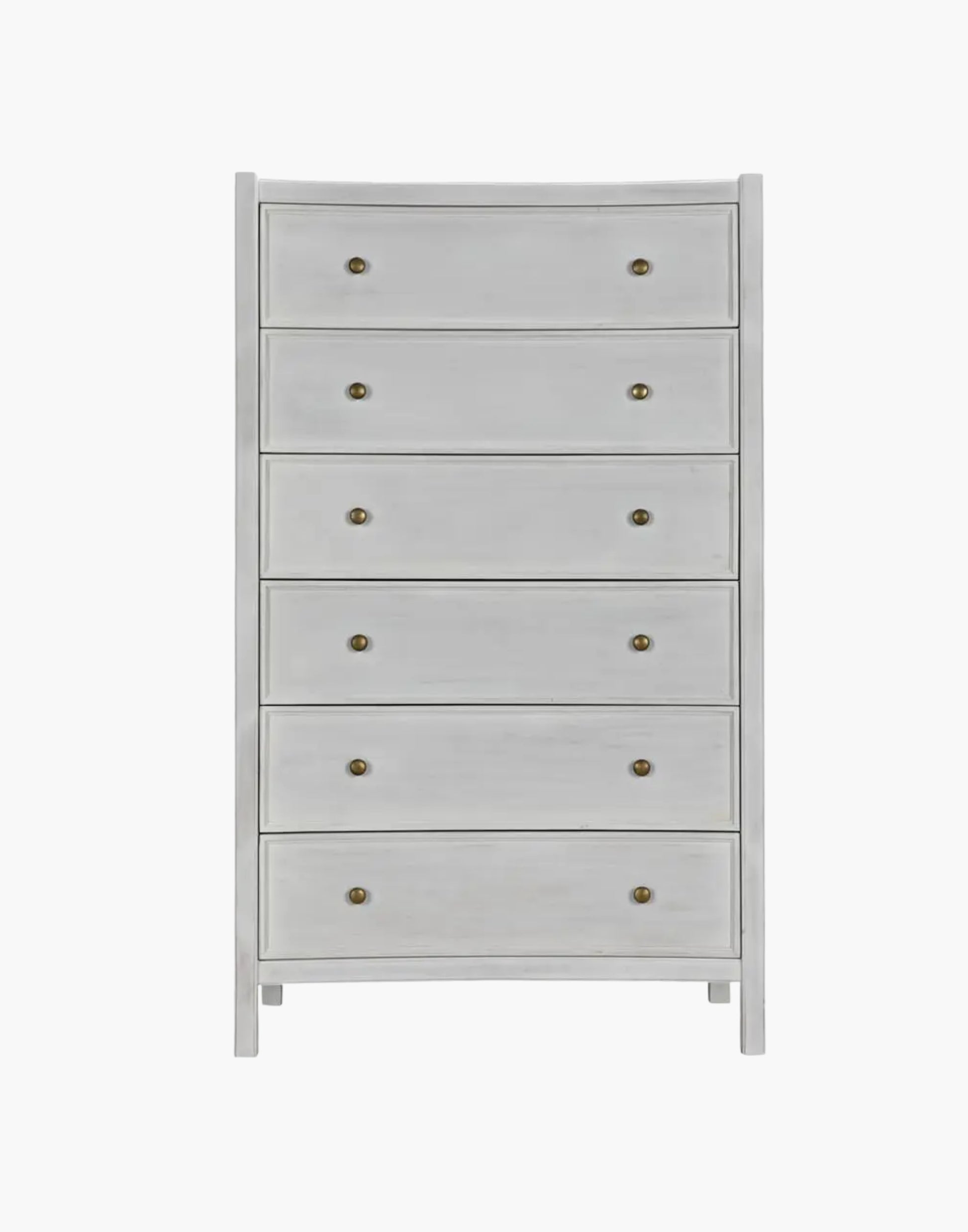 Tall mahogany dresser with six drawers and brass pulls, white wash finish, modern traditional design