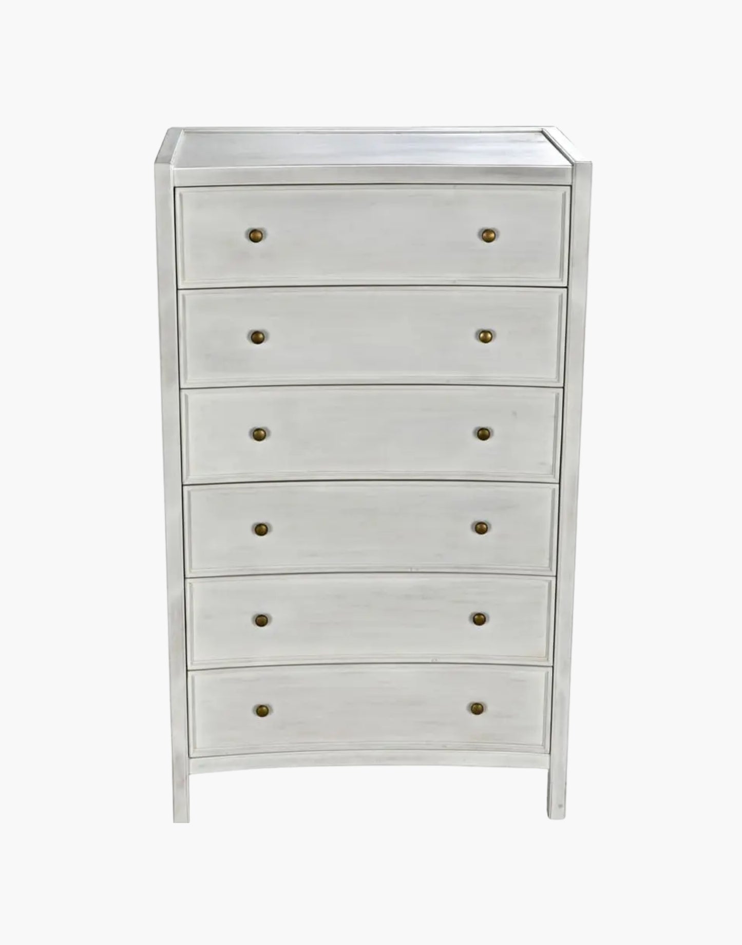 Tall mahogany dresser with six drawers and brass pulls, white wash finish, modern traditional design
