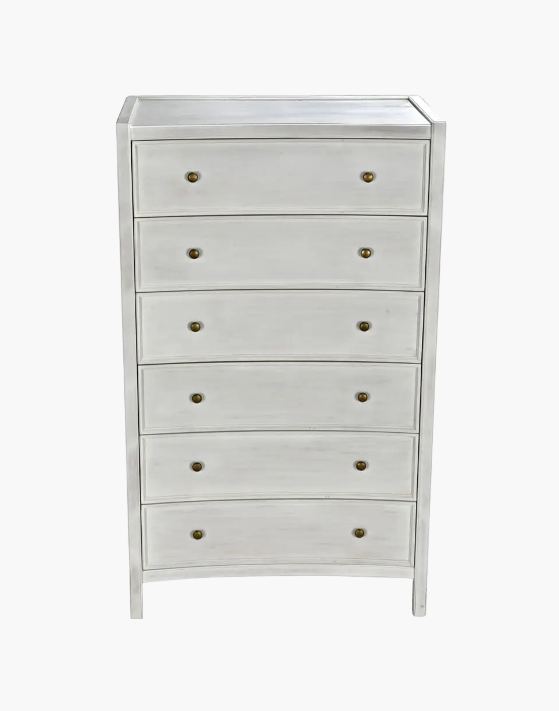 Tall mahogany dresser with six drawers and brass pulls, white wash finish, modern traditional design