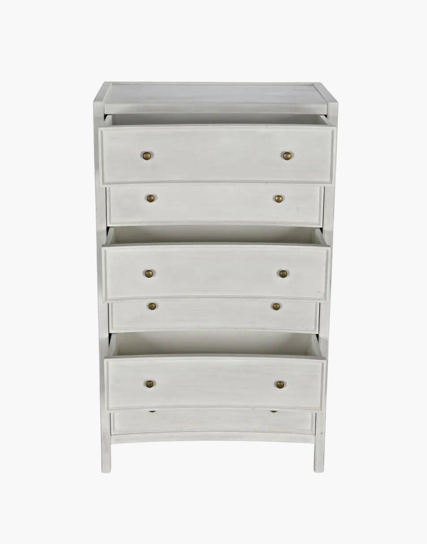 Tall mahogany dresser with six drawers and brass pulls, white wash finish, modern traditional design