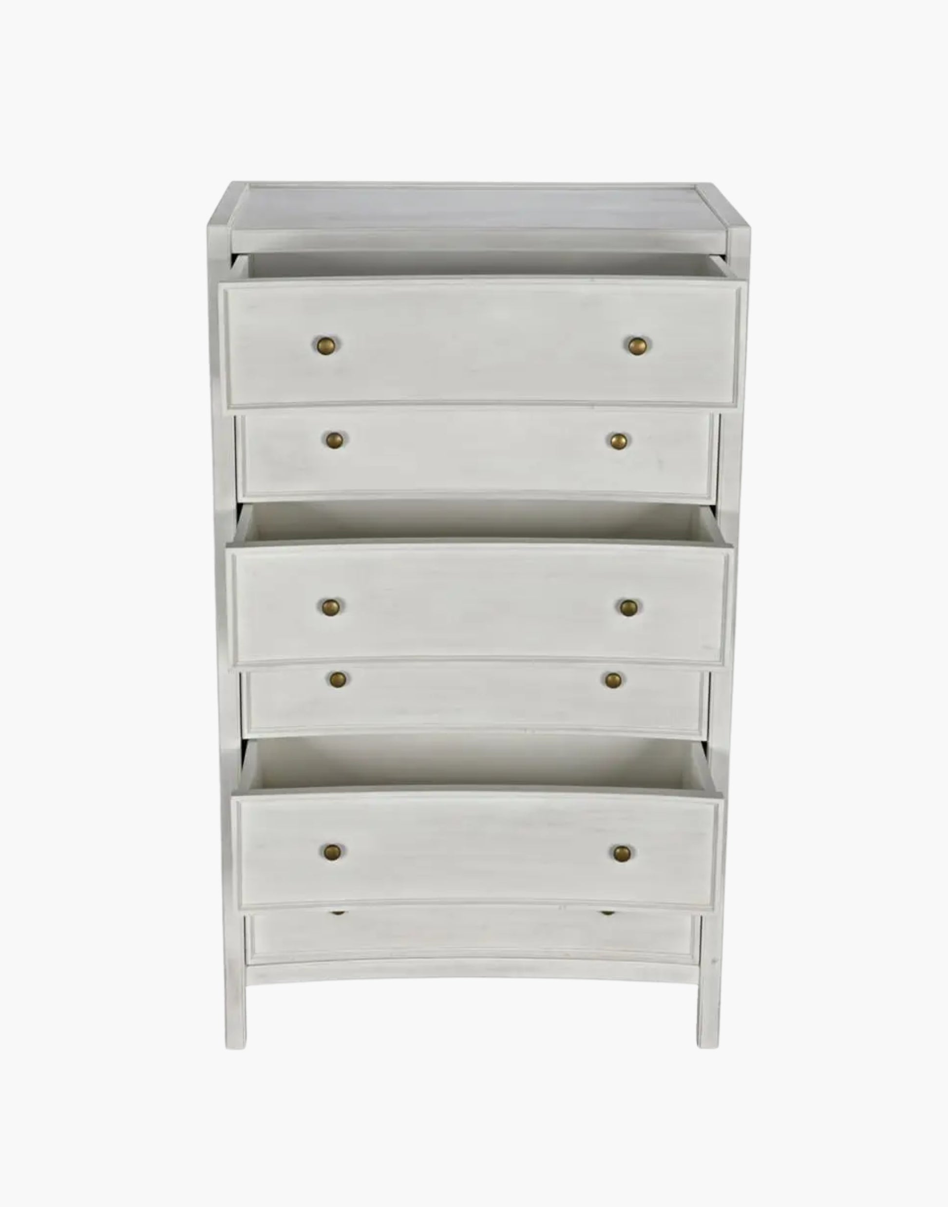 Tall mahogany dresser with six drawers and brass pulls, white wash finish, modern traditional design