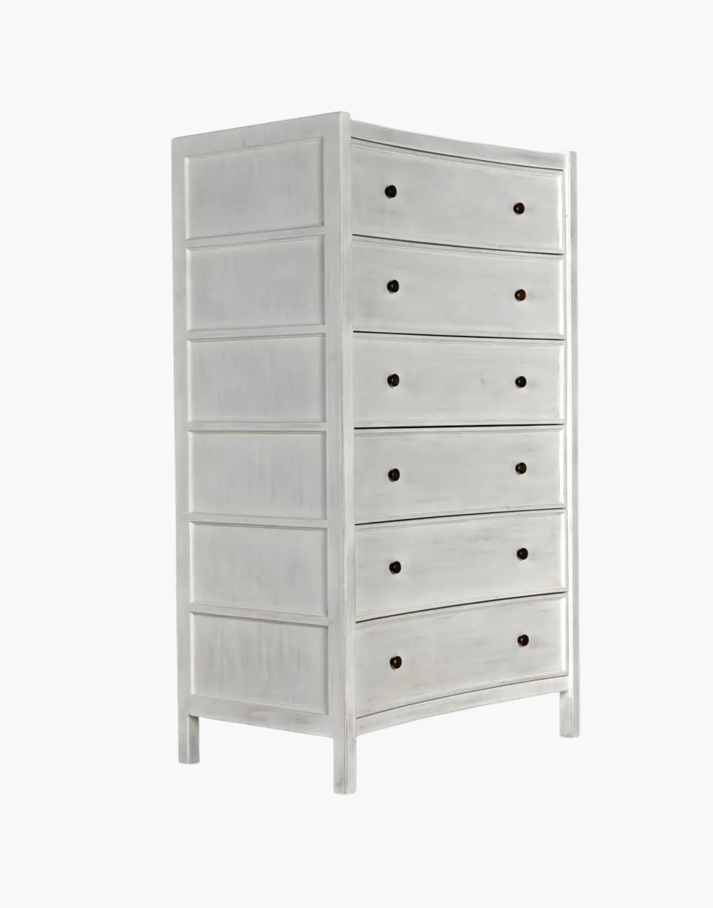 Tall mahogany dresser with six drawers and brass pulls, white wash finish, modern traditional design