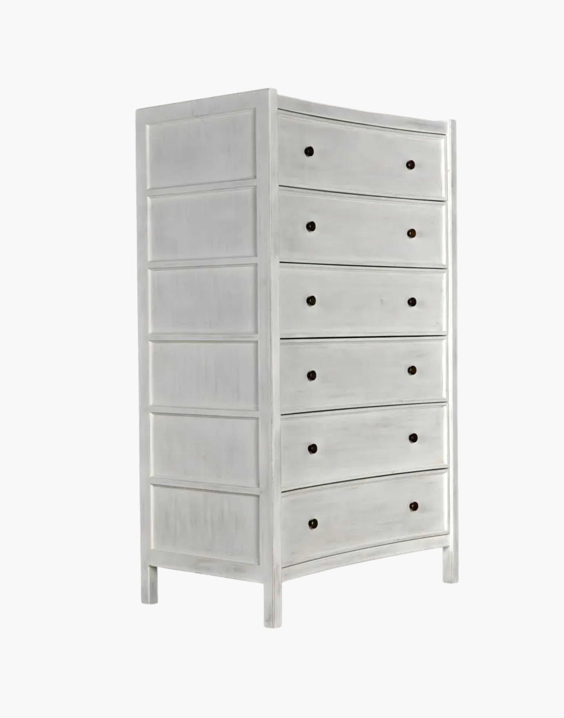 Tall mahogany dresser with six drawers and brass pulls, white wash finish, modern traditional design