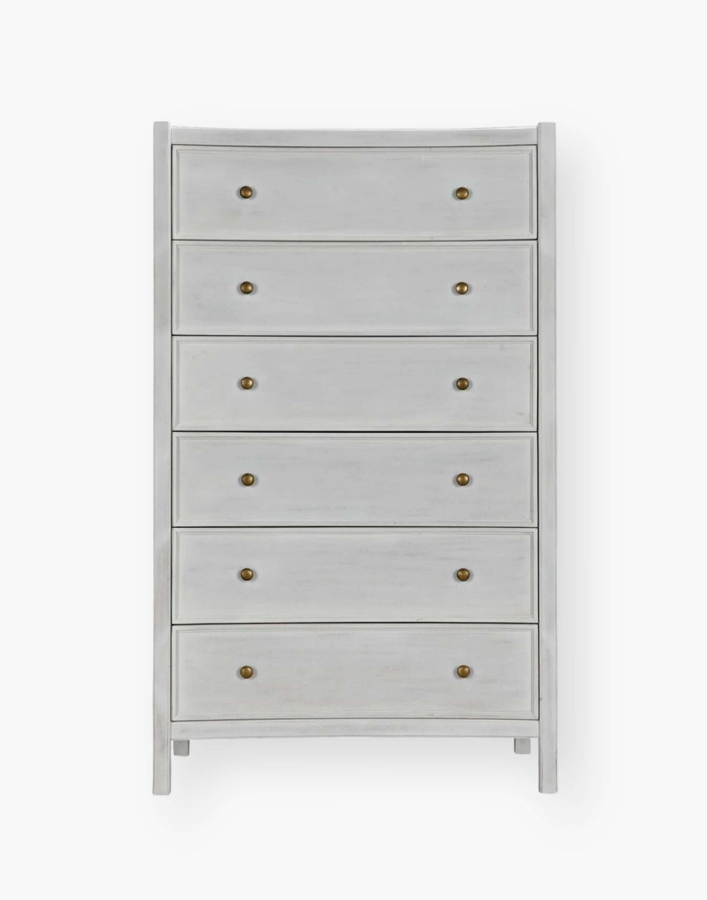 Rustic White Mahogany Wood 6-Drawer tall boy with each drawer featuring a slight curved detail with two brass pulls per drawer