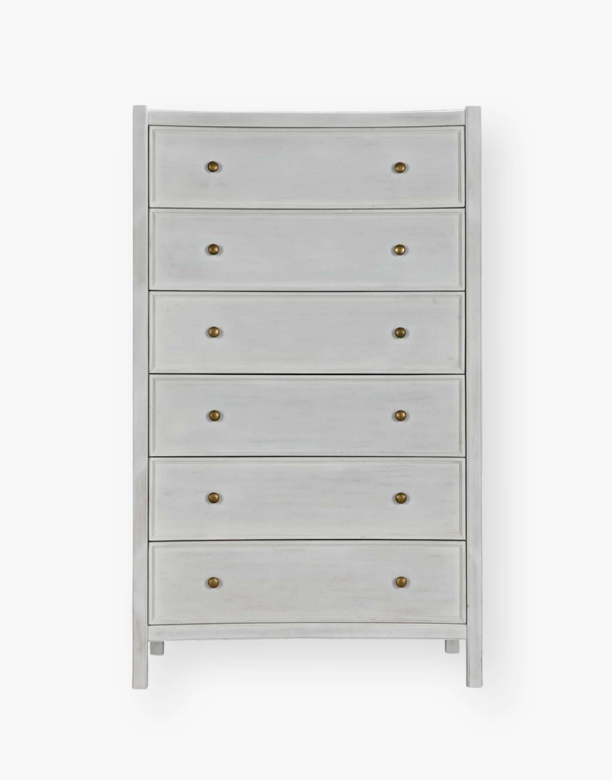 Rustic White Mahogany Wood 6-Drawer tall boy with each drawer featuring a slight curved detail with two brass pulls per drawer