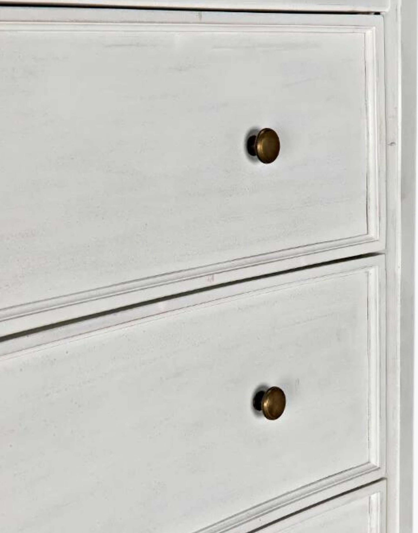 Rustic White Mahogany Wood 6-Drawer tall boy with each drawer featuring a slight curved detail with two brass pulls per drawer