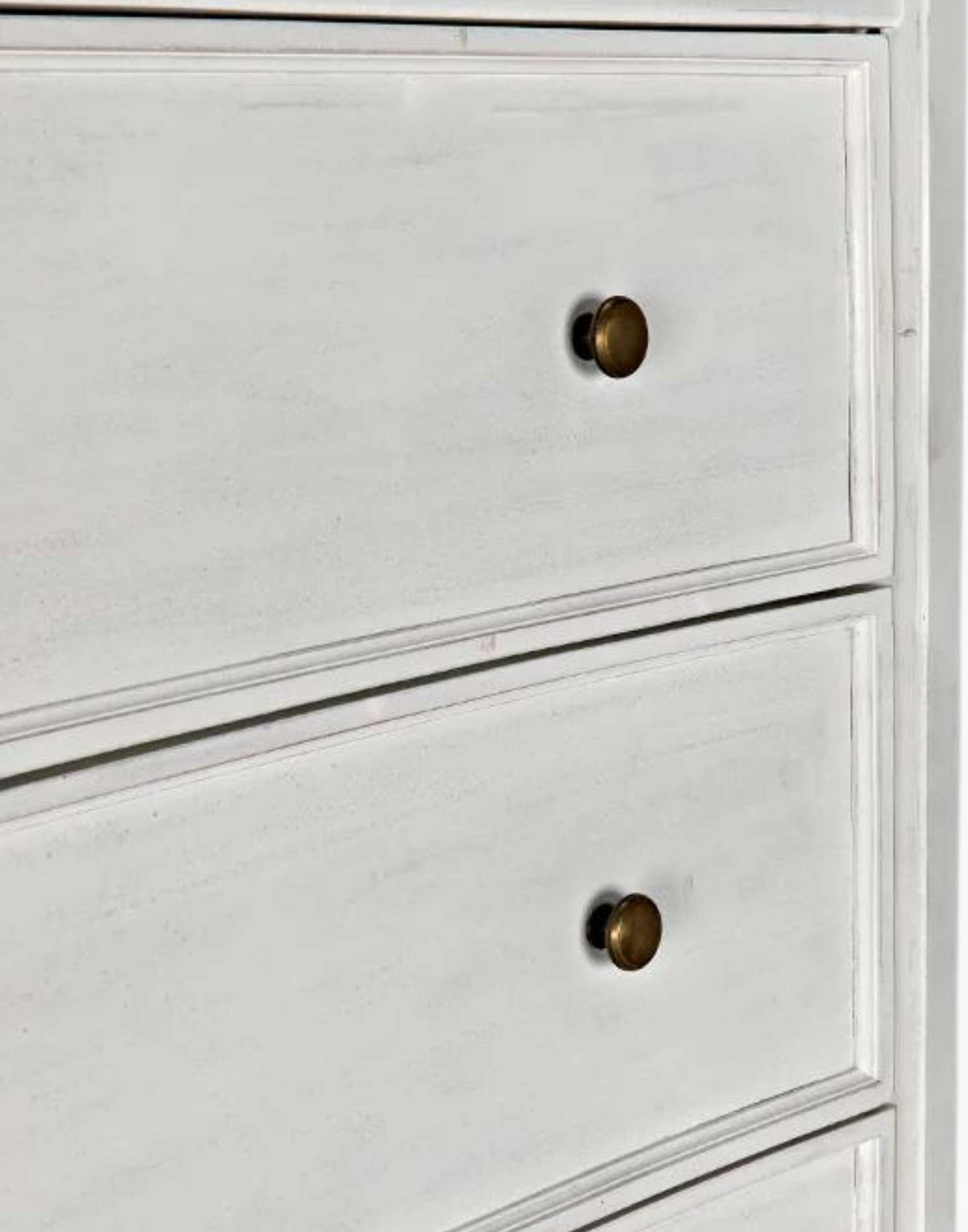 Rustic White Mahogany Wood 6-Drawer tall boy with each drawer featuring a slight curved detail with two brass pulls per drawer