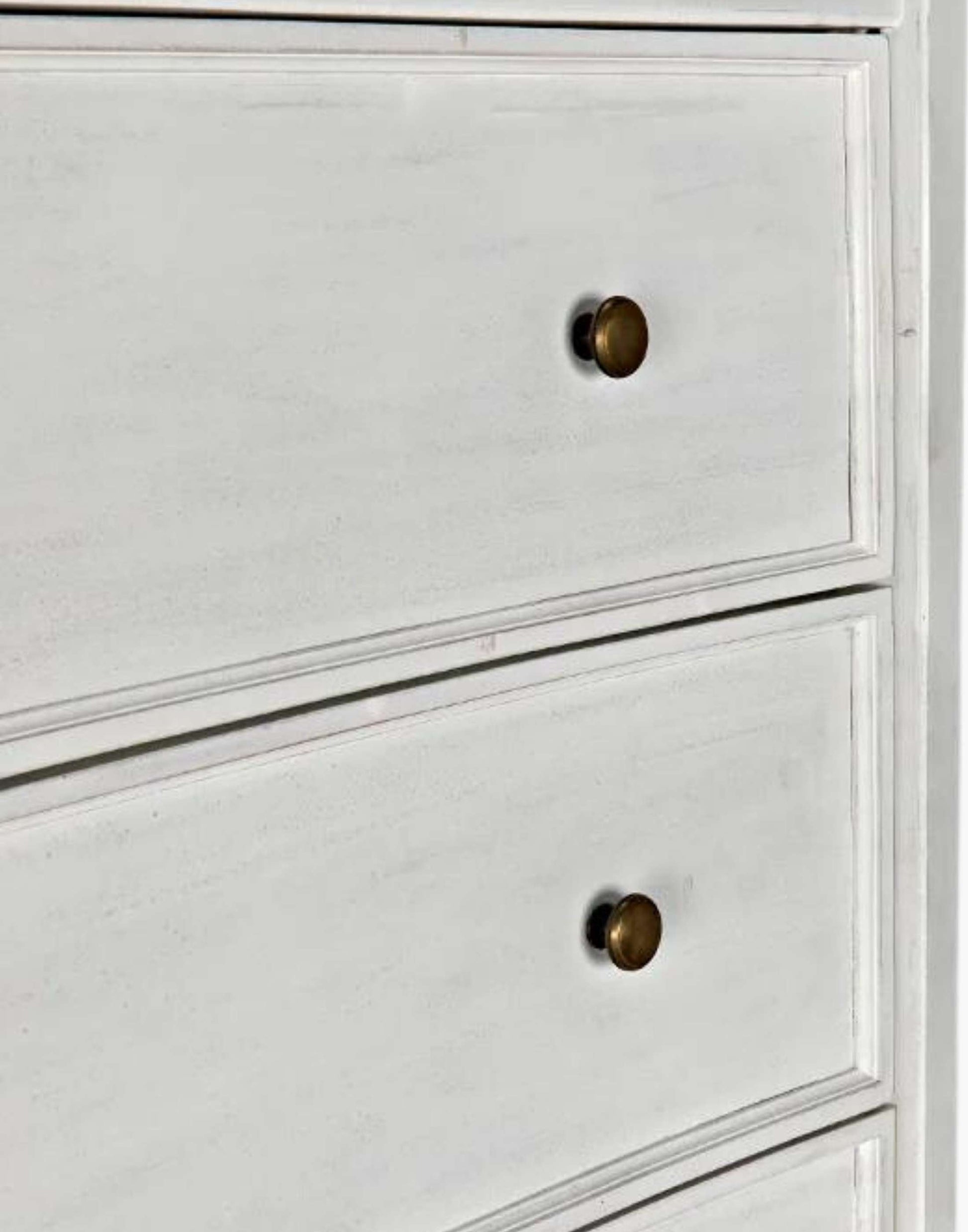 Rustic White Mahogany Wood 6-Drawer tall boy with each drawer featuring a slight curved detail with two brass pulls per drawer