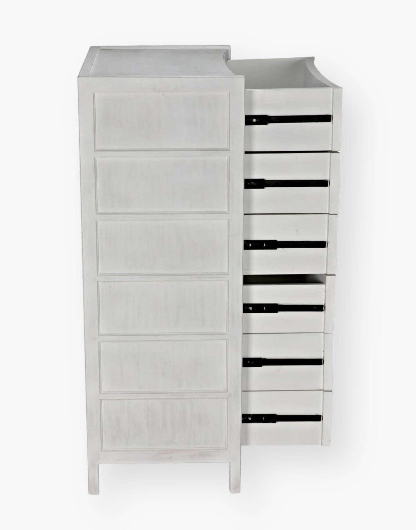 Rustic White Mahogany Wood 6-Drawer tall boy with each drawer featuring a slight curved detail with two brass pulls per drawer