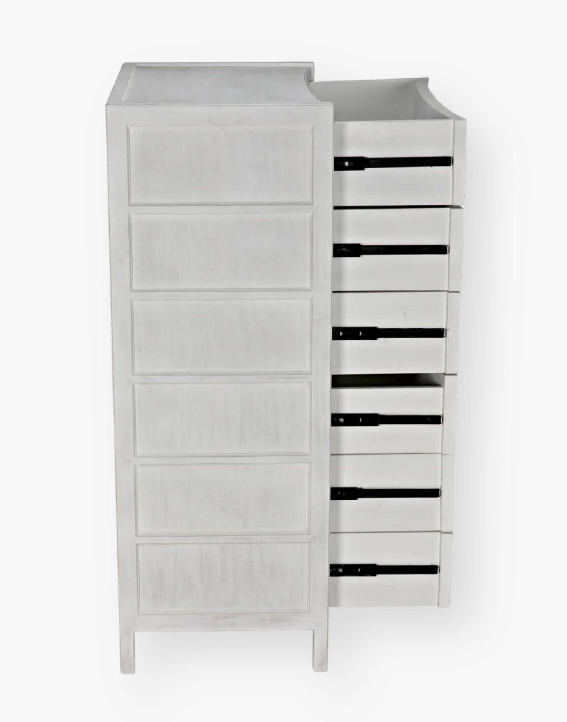 Rustic White Mahogany Wood 6-Drawer tall boy with each drawer featuring a slight curved detail with two brass pulls per drawer
