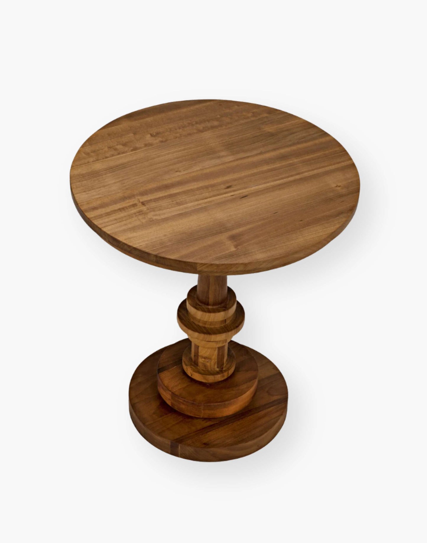 Hand-carved of solid teak side table features a circular base with coordinating round top