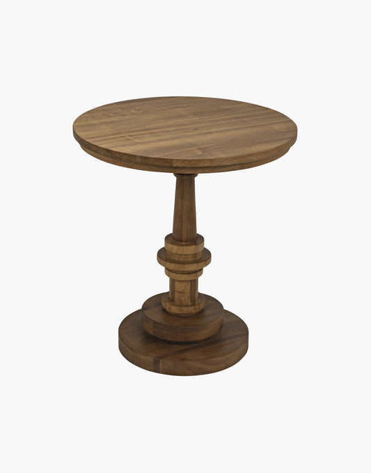 Round teak side table with gold finish and turned pedestal base, sculptural modern design