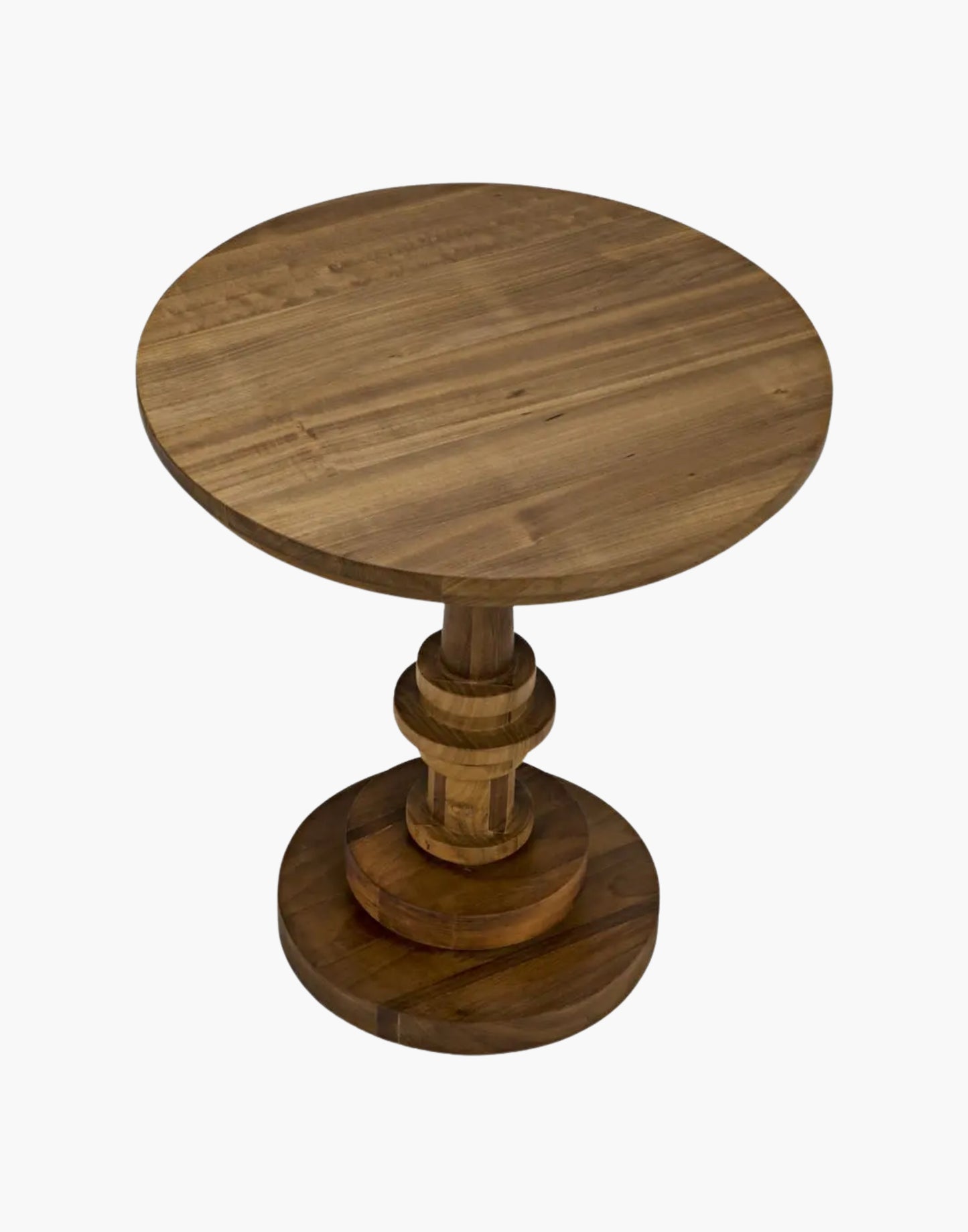 Round teak side table with gold finish and turned pedestal base, sculptural modern design