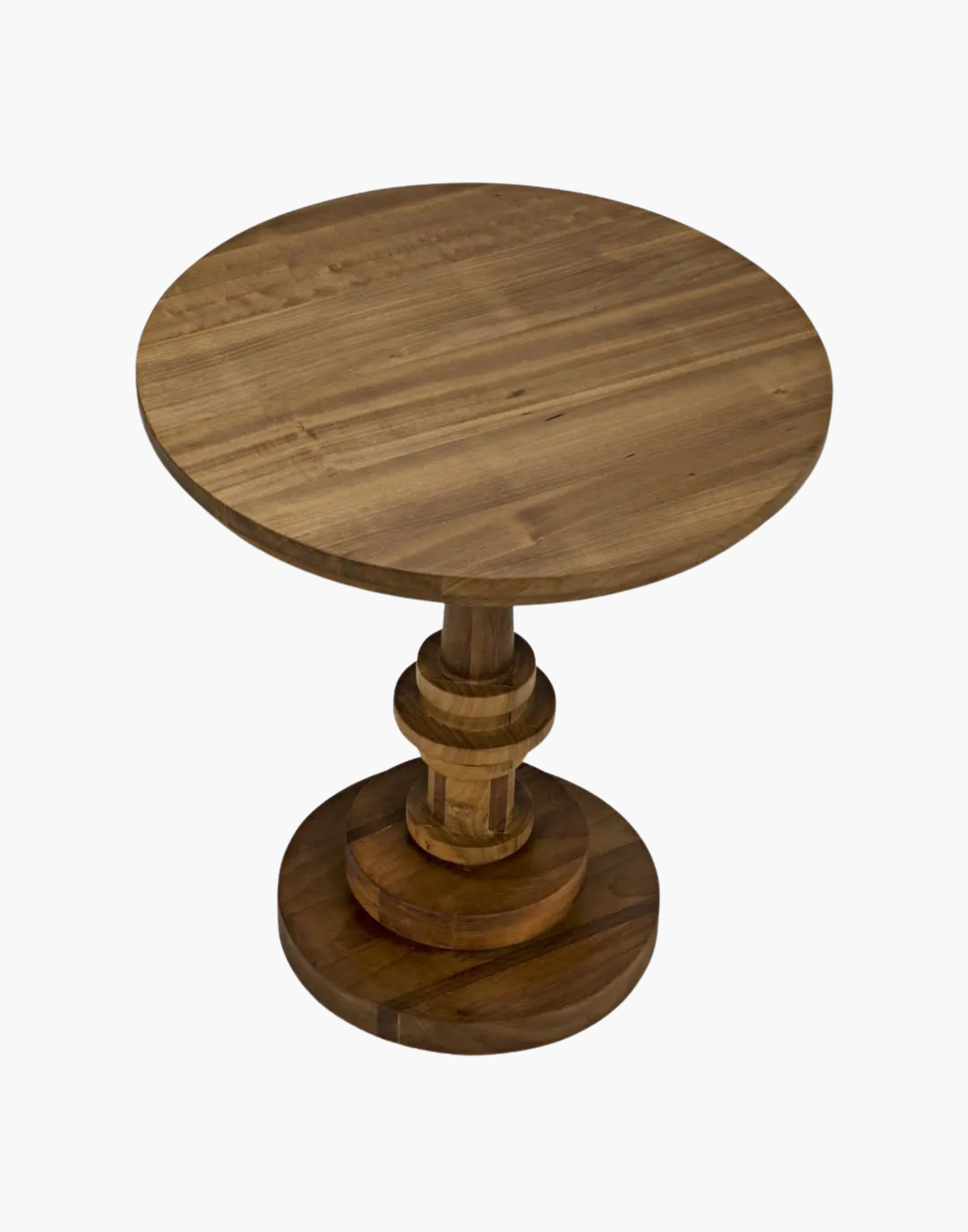 Round teak side table with gold finish and turned pedestal base, sculptural modern design