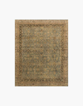 Full view of rug with earth tones, terra cotta, and soft blue accents