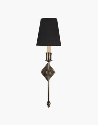 Distressed with Black Shade Christina Tall Wall Sconce: Solid brass fixture with diamond backplate. Ideal for contemporary or traditional interiors.