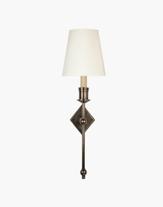 Distressed with White Shade Christina Tall Wall Sconce: Solid brass fixture with diamond backplate. Ideal for contemporary or traditional interiors.