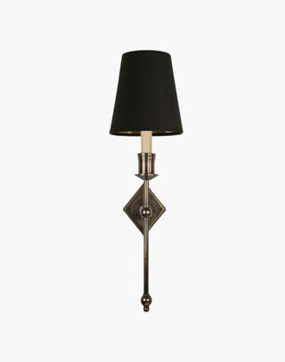 Distressed with D6G Black Shade Christina Tall Wall Sconce: Solid brass fixture with diamond backplate. Ideal for contemporary or traditional interiors.