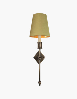 Distressed with D6G Gold Shade Christina Tall Wall Sconce: Solid brass fixture with diamond backplate. Ideal for contemporary or traditional interiors.