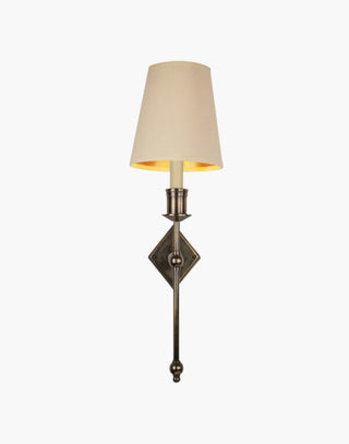 Distressed with D6G Ivory Shade Christina Tall Wall Sconce: Solid brass fixture with diamond backplate. Ideal for contemporary or traditional interiors.