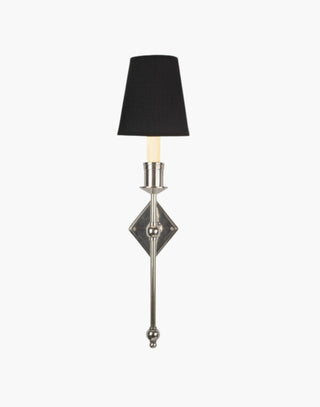 Nickel with Black Shade Christina Tall Wall Sconce: Solid brass fixture with diamond backplate. Ideal for contemporary or traditional interiors.