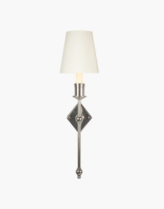 Nickel with White Shade Christina Tall Wall Sconce: Solid brass fixture with diamond backplate. Ideal for contemporary or traditional interiors.