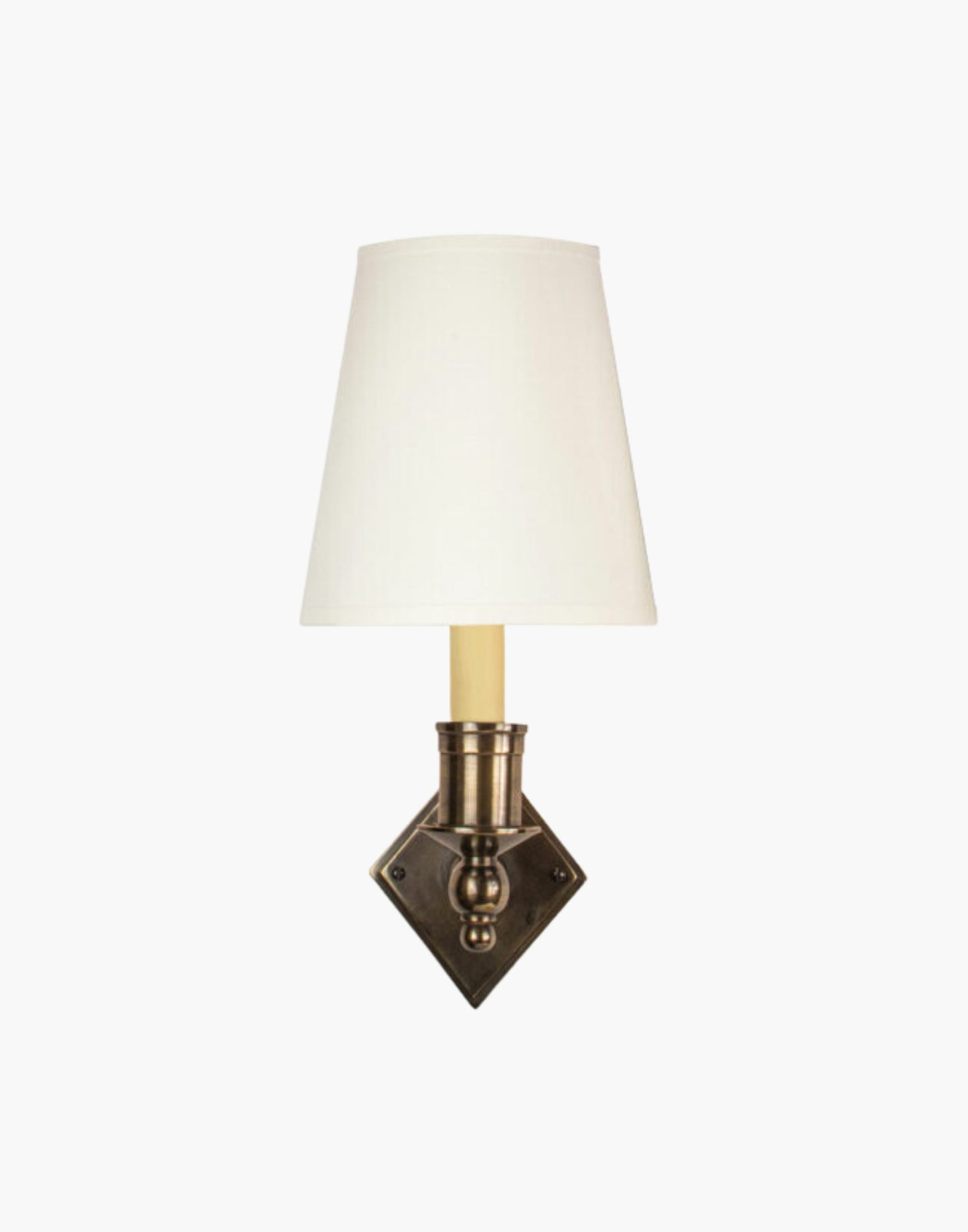 Distressed finish with white shade, elegant solid brass sconce with diamond backplate. Perfect for modern or traditional interiors.