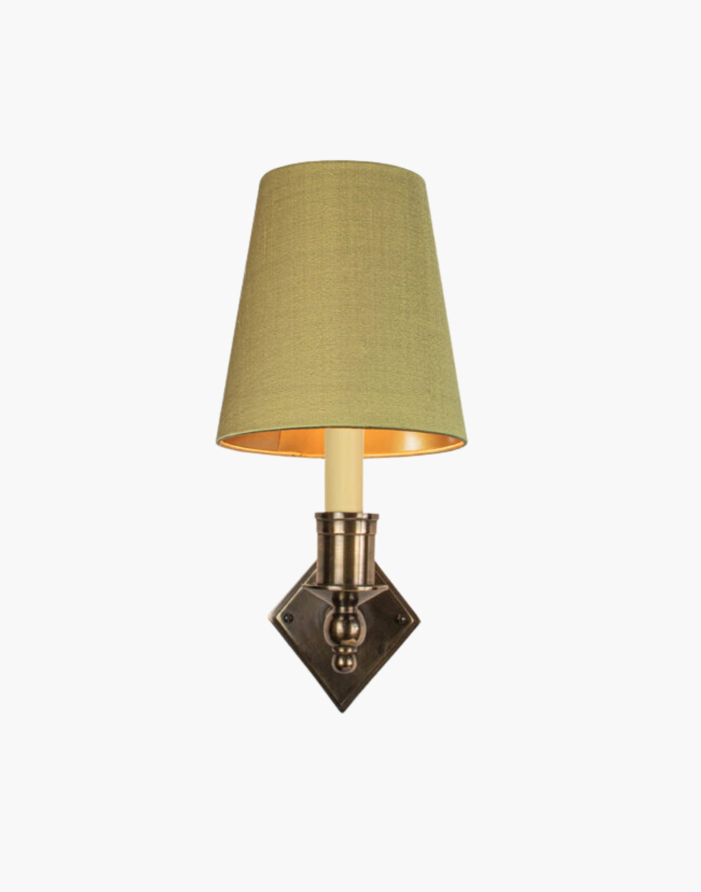 Distressed finish with d6g gold shade, elegant solid brass sconce with diamond backplate. Perfect for modern or traditional interiors.