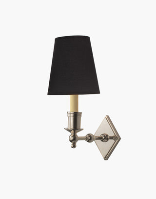 Nickel finish with d6 Black shade, elegant solid brass sconce with diamond backplate. Perfect for modern or traditional interiors.
