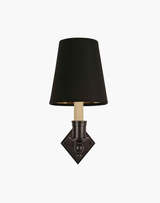Old Antique finish with d6g Black shade, elegant solid brass sconce with diamond backplate. Perfect for modern or traditional interiors.