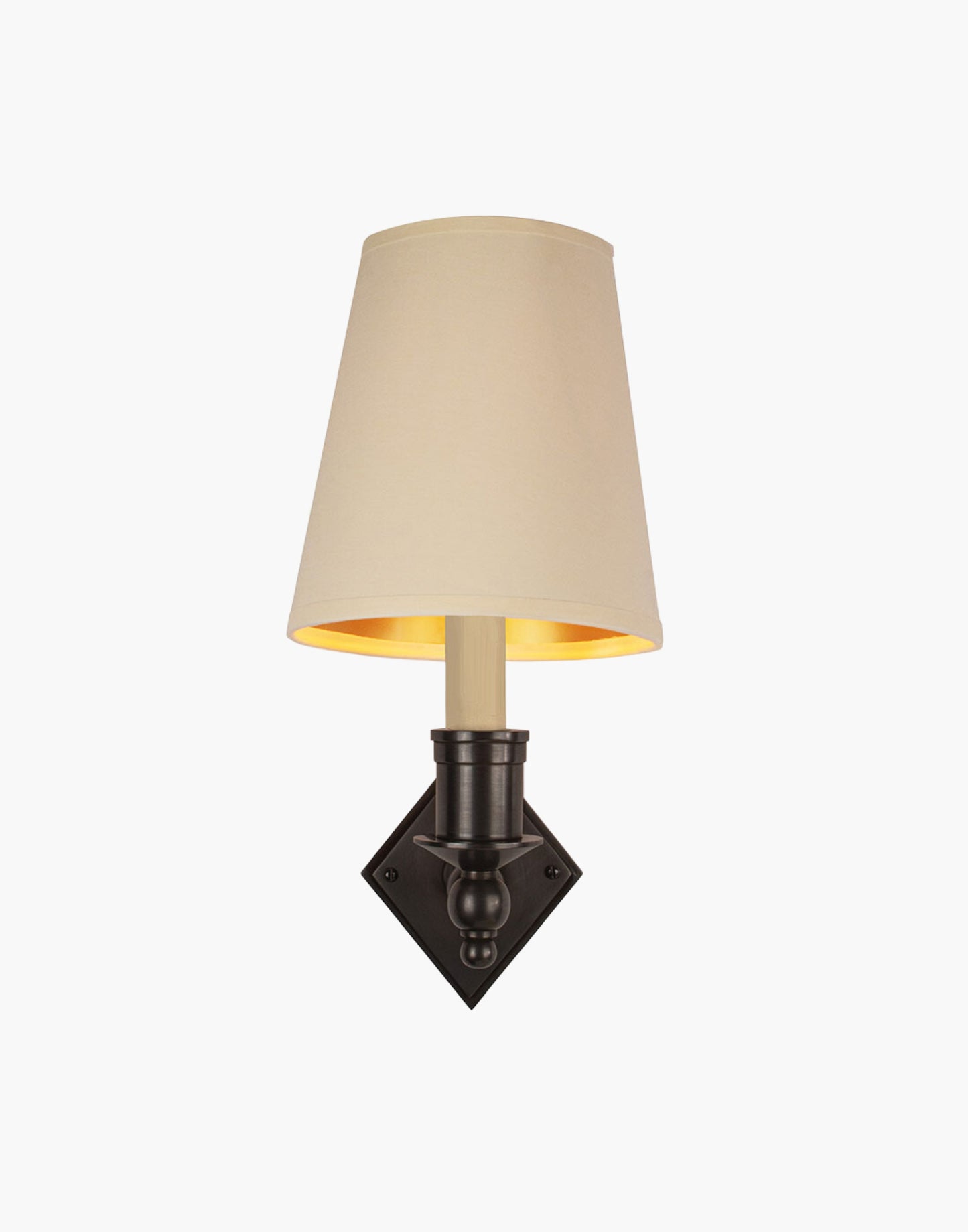 Old Antique finish with d6g Ivory shade, elegant solid brass sconce with diamond backplate. Perfect for modern or traditional interiors.