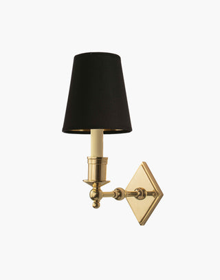 Polished Lacquered finish with d6g Black shade, elegant solid brass sconce with diamond backplate. Perfect for modern or traditional interiors.