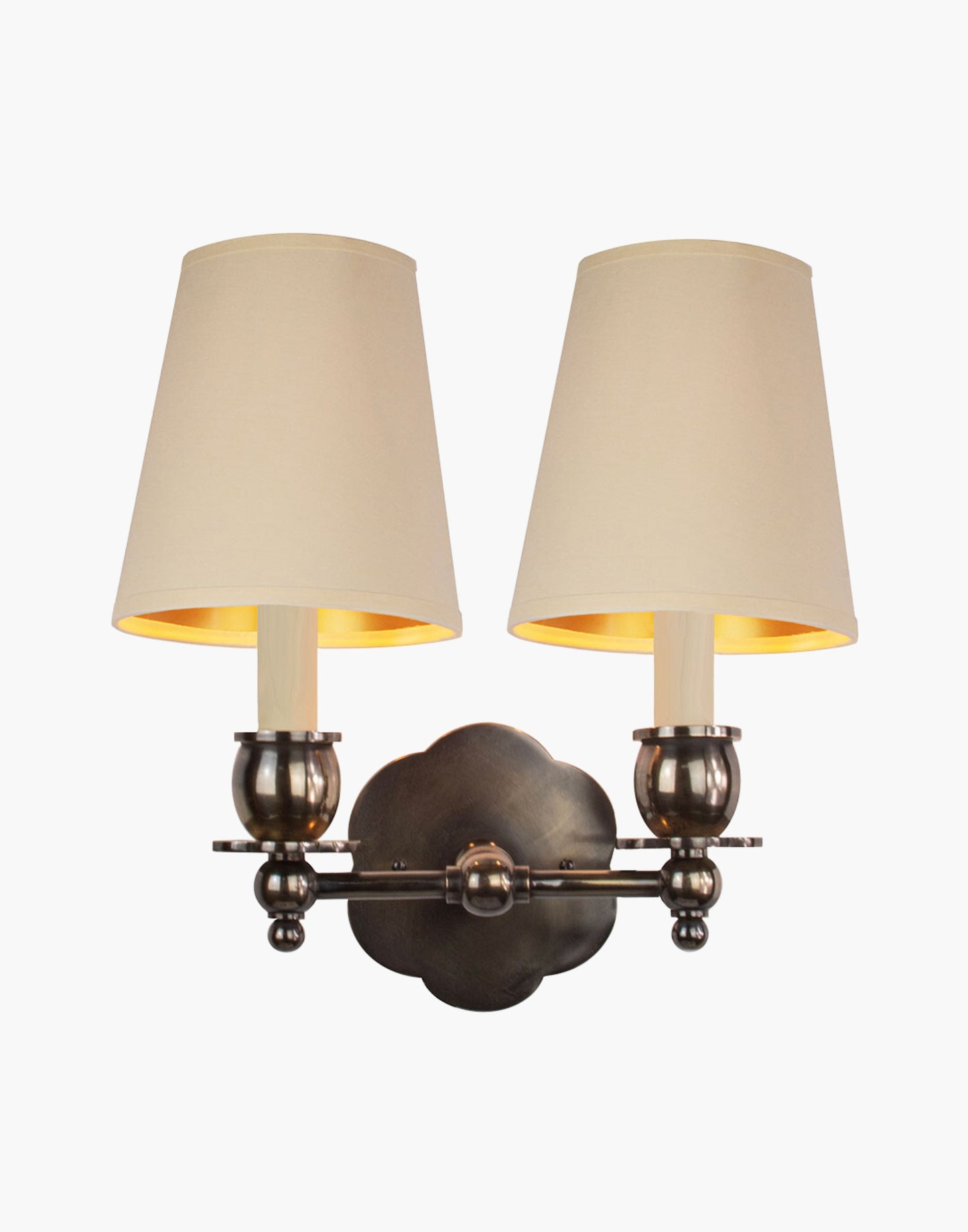 Distressed Finish with D6G Ivory Shade India Rose Sconces: Solid brass petal design. Versatile for contemporary or traditional settings.