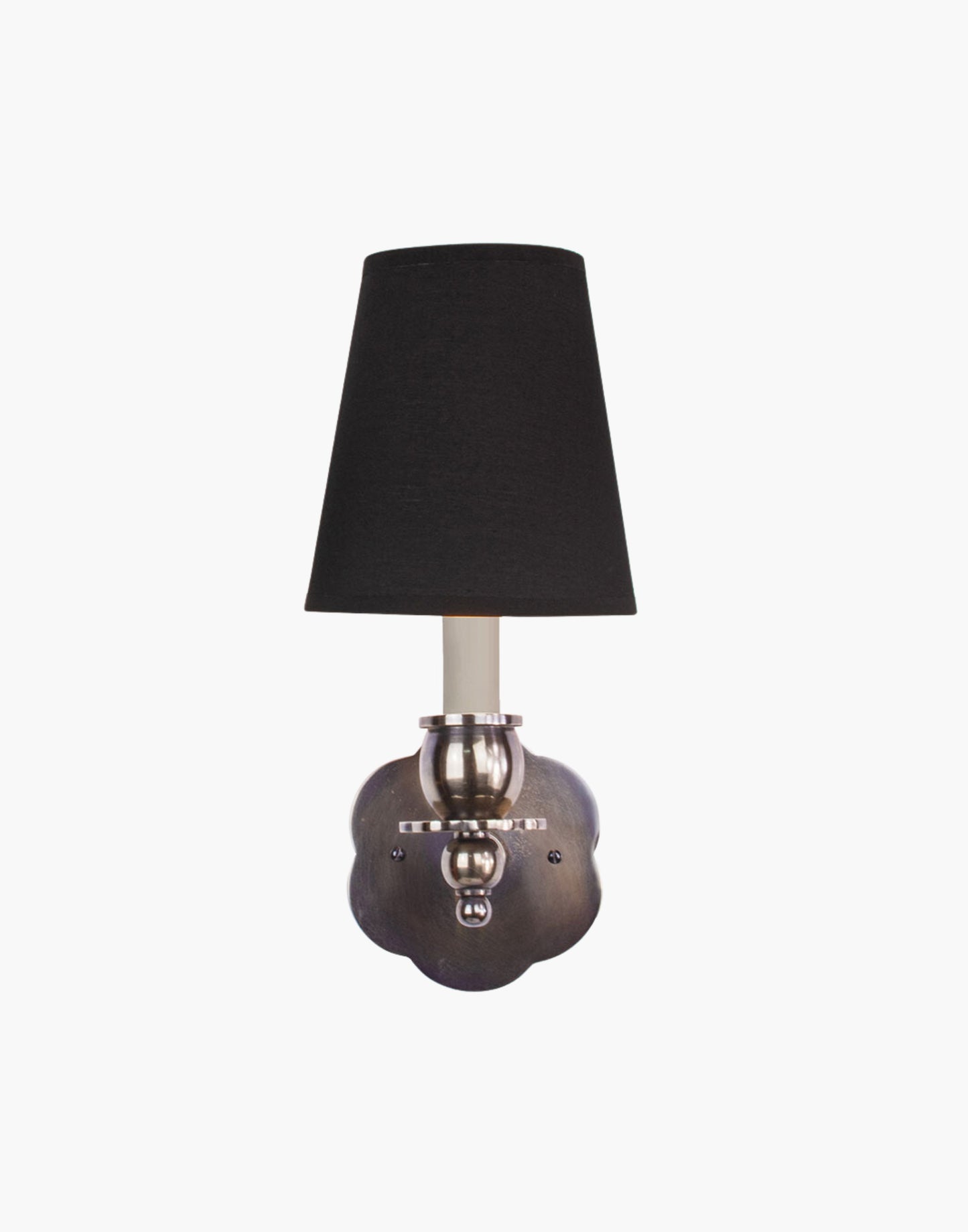 Distressed Finish, D6 Black Shade India Rose Sconce: Solid brass petal design. Transitional style for contemporary or traditional spaces.