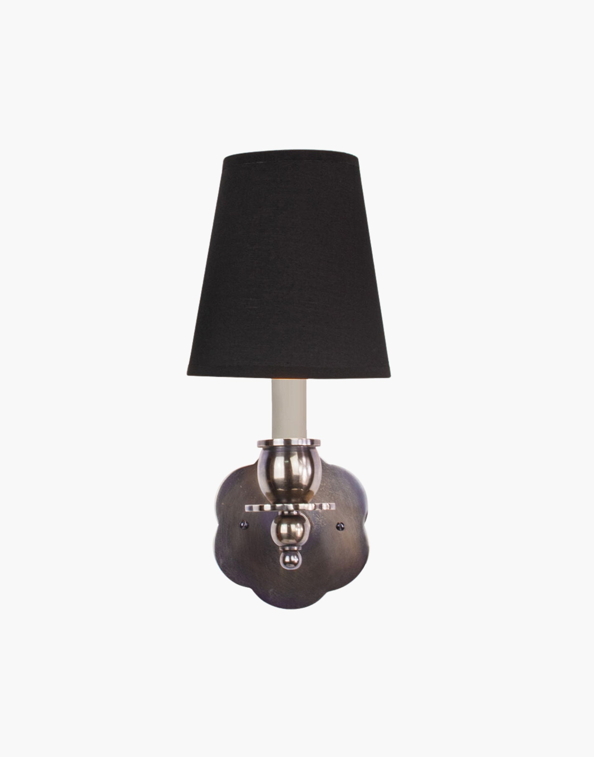 Distressed Finish, D6 Black Shade India Rose Sconce: Solid brass petal design. Transitional style for contemporary or traditional spaces.