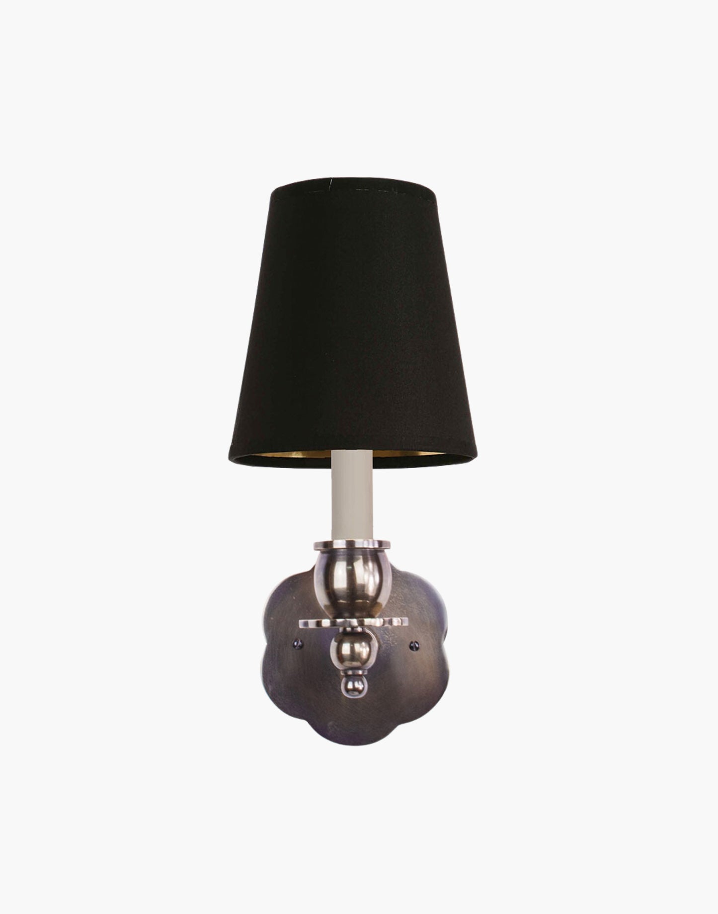 Distressed Finish, D6G Black Shade India Rose Sconce: Solid brass petal design. Transitional style for contemporary or traditional spaces.