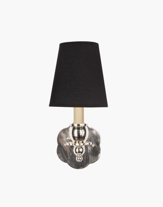 Nickel Finish, D6 Black Shade India Rose Sconce: Solid brass petal design. Transitional style for contemporary or traditional spaces.
