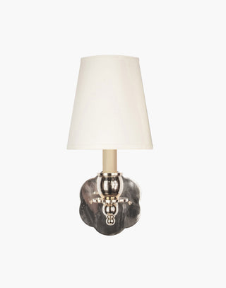 Nickel Finish, D6 White Shade India Rose Sconce: Solid brass petal design. Transitional style for contemporary or traditional spaces.