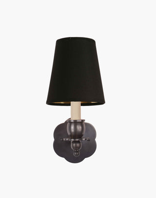 Old Antique Finish, D6 Black Shade India Rose Sconce: Solid brass petal design. Transitional style for contemporary or traditional spaces.