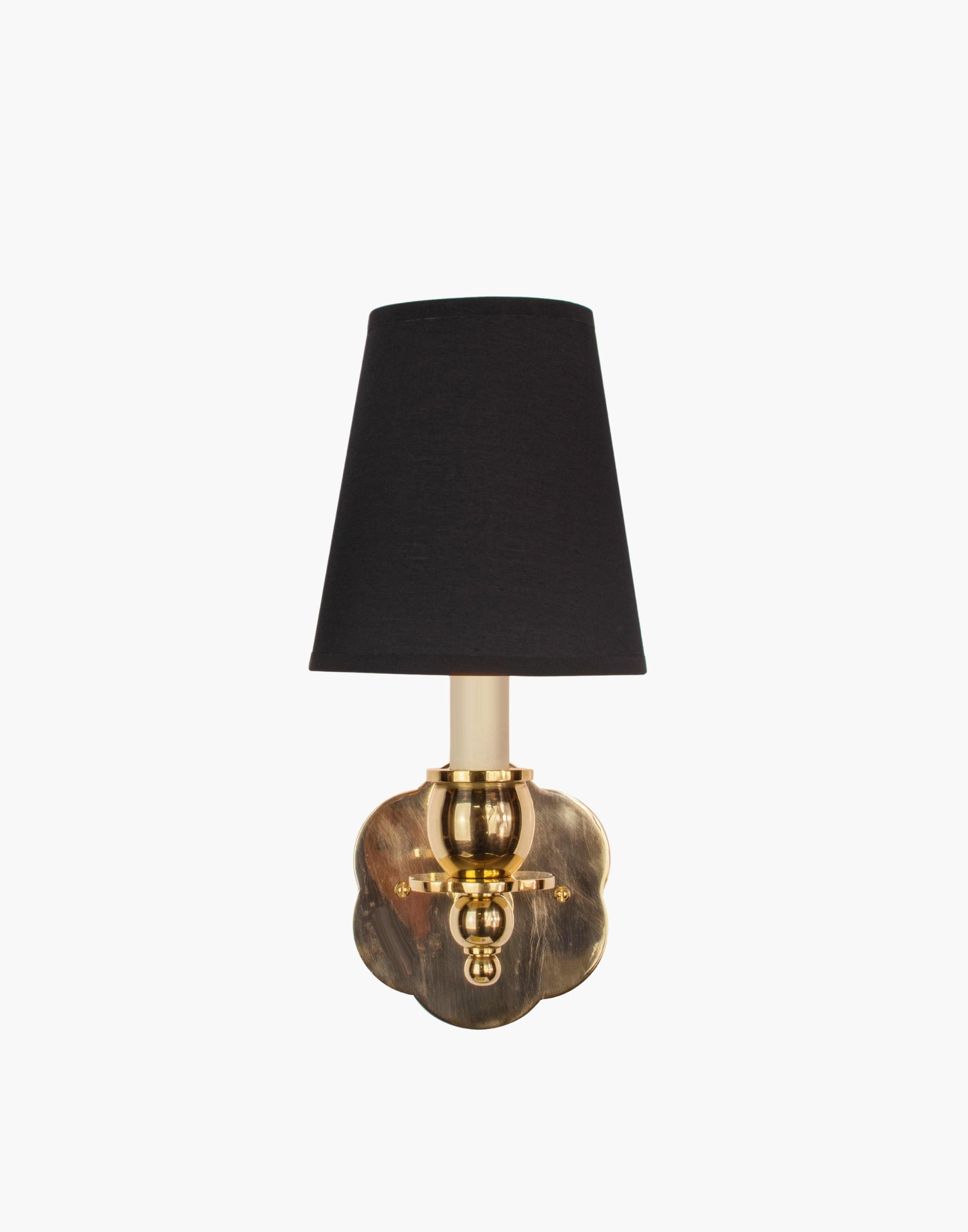 Polished Lacquered Finish, D6 Black Shade India Rose Sconce: Solid brass petal design. Transitional style for contemporary or traditional spaces.