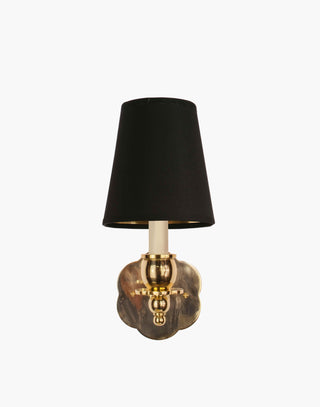 Polished Lacquered Finish, D6G Black Shade India Rose Sconce: Solid brass petal design. Transitional style for contemporary or traditional spaces.