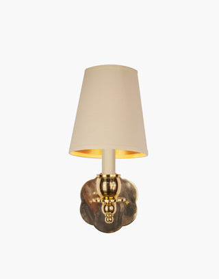 Polished Lacquered Finish, D6G Ivory Shade India Rose Sconce: Solid brass petal design. Transitional style for contemporary or traditional spaces.